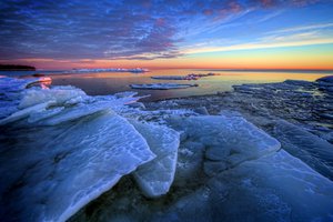 Обои на рабочий стол: зима, льдины, море, рассвет, утро