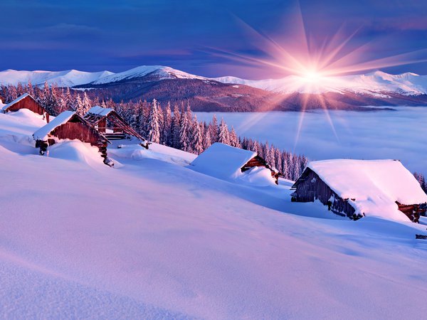 beautiful, cool, house, landscape, nature, nice, scenery, sky, snow, sunset, white, winter, дом, зима, небо, пейзаж, природа, снег
