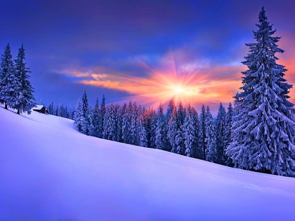 beautiful, cool, house, landscape, nature, nice, scenery, sky, snow, sunset, white, winter, дом, зима, небо, пейзаж, природа, снег