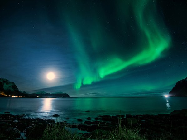 залив, исландия, луна, ночь, северное сияние