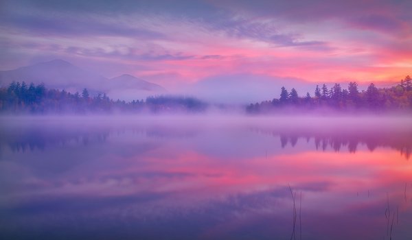 Обои на рабочий стол: Adirondack Park, New York State, горы, озеро, отражение, Парк Адирондак, рассвет, туман, утро, штат Нью-Йорк