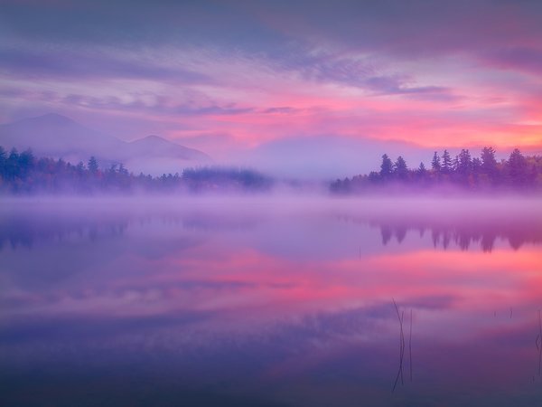 Adirondack Park, New York State, горы, озеро, отражение, Парк Адирондак, рассвет, туман, утро, штат Нью-Йорк