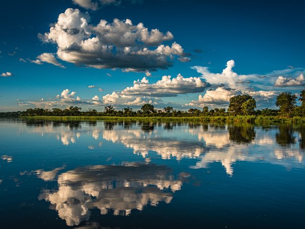 Caprivi Strip, Namibia, Okavango River, африка, деревья, Намибия, облака, отражение, Полоса Каприви, река, Река Окаванго