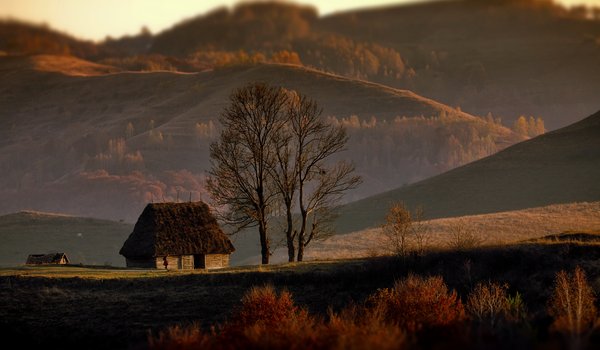 Обои на рабочий стол: Александр Перов, деревья, дома, леса, осень, пейзаж, природа, Румыния, холмы
