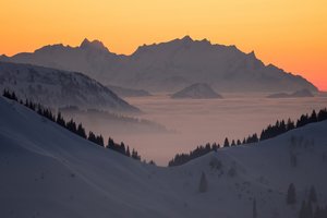 Обои на рабочий стол: Allgäu Alps, bavaria, germany, Алльгойские Альпы, бавария, восход, германия, горы, деревья, рассвет, снег