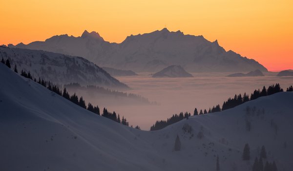 Обои на рабочий стол: Allgäu Alps, bavaria, germany, Алльгойские Альпы, бавария, восход, германия, горы, деревья, рассвет, снег