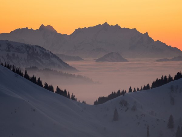 Allgäu Alps, bavaria, germany, Алльгойские Альпы, бавария, восход, германия, горы, деревья, рассвет, снег