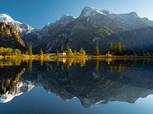 Almsee, alps, Austria, Lake Alm, австрия, Альпы, горы, деревья, озеро, Озеро Альм, Озеро Альмзе, отражение