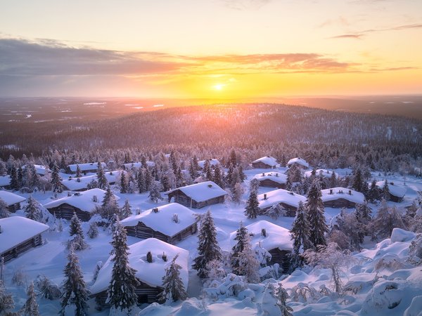 Андрей Базанов, деревня, дома, Заполярье, зима, Лапландия, леса, пейзаж, природа, снег, утро