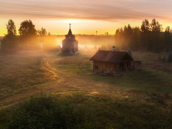 Андрей Базанов, глубинка, дом, пейзаж, природа, туман, утро, церковь