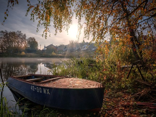 Андрей Чиж, город, лодка, осень, пейзаж, Плёс, природа, река, утро