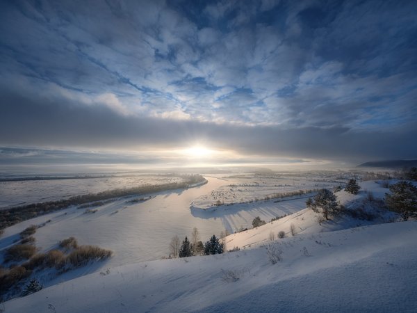 Андрей Чиж, долина, зима, облака, пейзаж, Пермский край, природа, рассвет, река, снега, солнце, утро