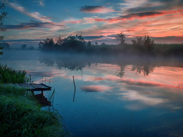 Андрей Чиж, берега, мосток, пейзаж, природа, рассвет, река, туман, утро