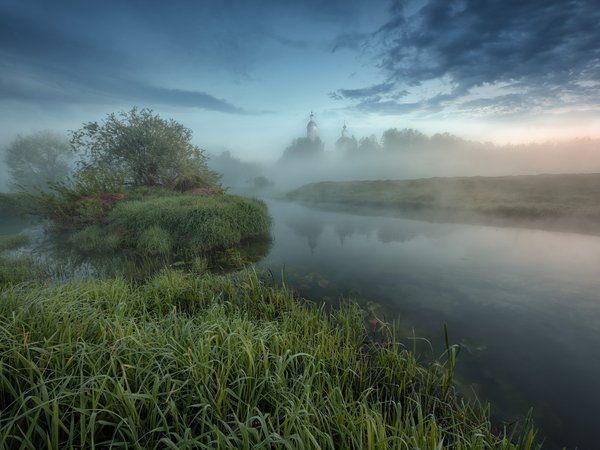 Андрей Чиж, берега, кусты, пейзаж, природа, река, трава, туман, утро, церковь, Шерна