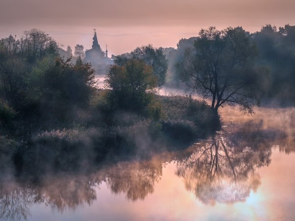 Андрей Чиж, Каменка, отражение, пейзаж, природа, река, Суздаль, туман, утро, церковь