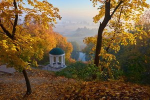 Обои на рабочий стол: Андрей Казун, деревья, листва, осень, парк, река, Река Снов, ротонда, Седнев, украина