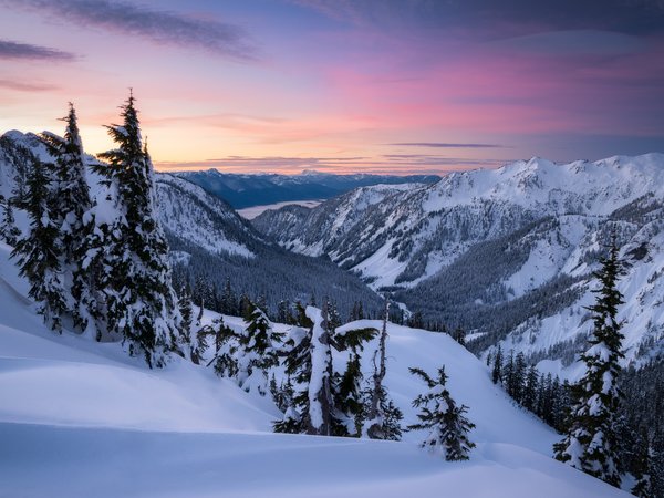 Artist Point, Cascade Range, Washington State, горы, деревья, долина, зима, Каскадные горы, рассвет, снег, сугробы, штат Вашингтон