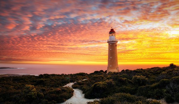 Обои на рабочий стол: australia, clouds, horizon, landscape, Lighthouse, long exposure, nature, plants, sea, sky, sunset, The Cape du Couedic Lighthouse