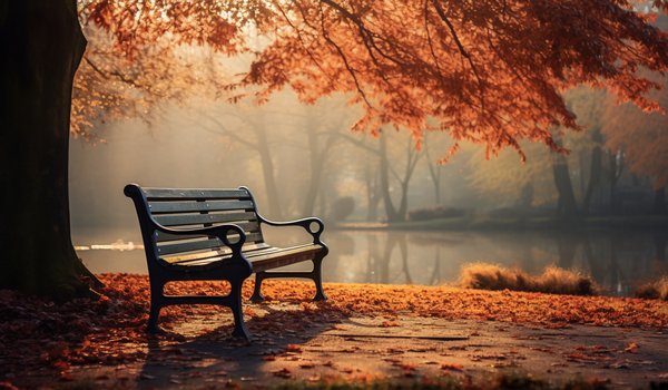 Обои на рабочий стол: autumn, bench, leaves, nature, park, листья, осень, парк, скамейка