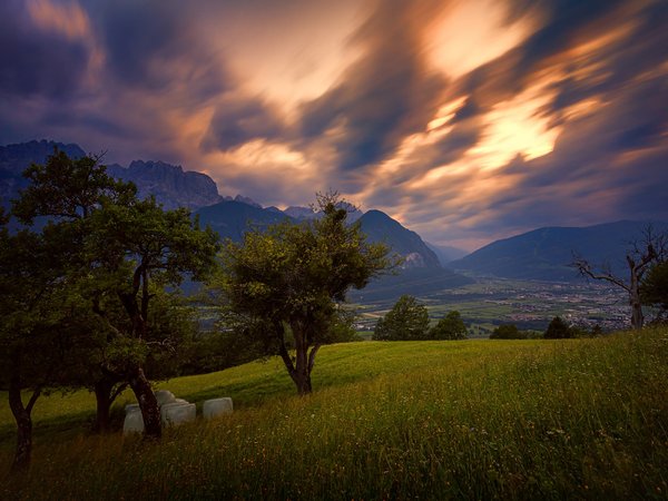 alps, Austria, Tyrol, австрия, Альпы, горы, деревья, долина, луг, небо, облака, Тироль