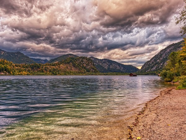Habernau, hdr, Lake Almsee, австрия, горы, облака, озеро, осень, побережье, природа, фото