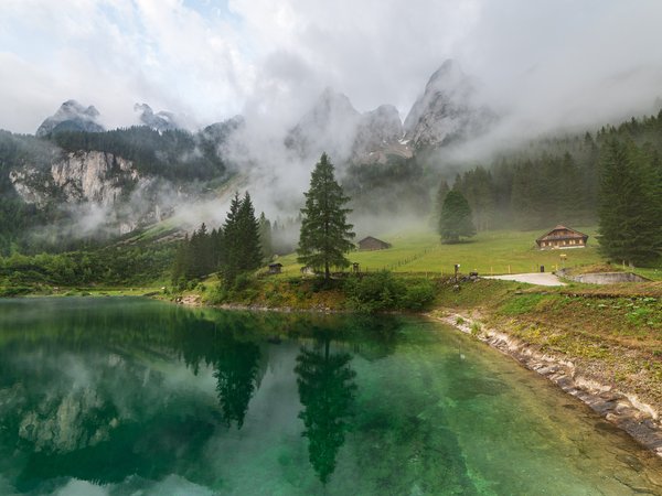 Gosausee, австрия, горы, леса, облака, озеро, пейзаж, природа, туман