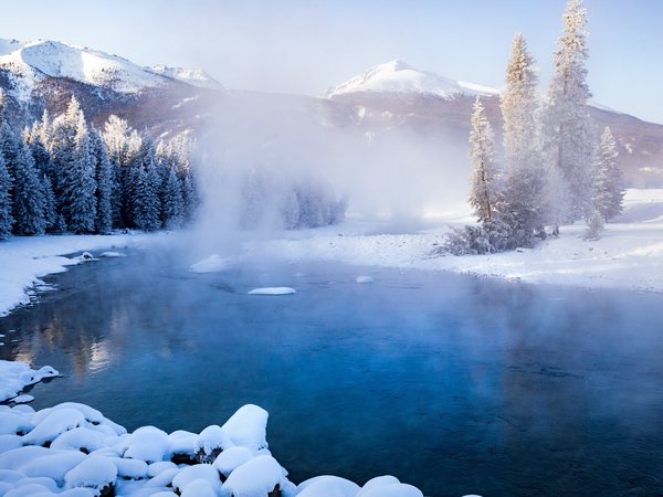 background, beautiful, blue, fog, lake, landscape, mountain, sky, snow, tree, winter, деревья, зима, небо, озеро, природа, снег, туман, фон