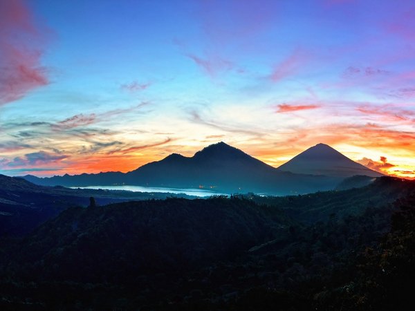Bali, bay, clouds, Indonesia, landscape, mountains, nature, silhouette, sky, sunset