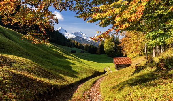 Обои на рабочий стол: bavaria, germany, бавария, германия, горы, деревья, дорога, лес, осень
