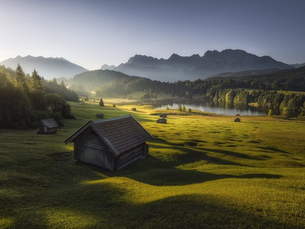 Bavarian Alps, горы, домики, утро