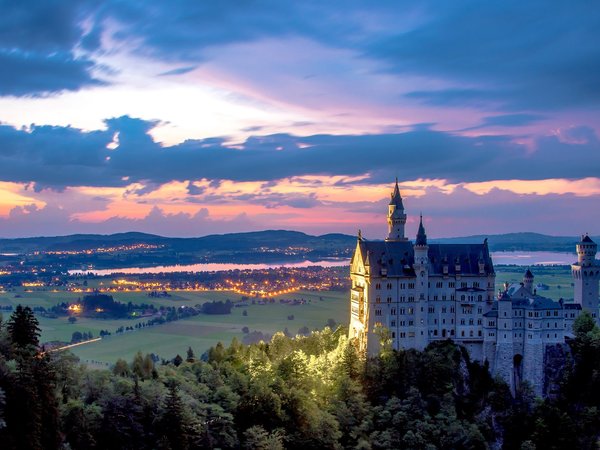 bavaria, germany, Neuschwanstein Castle, Schwangau, бавария, германия, долина, закат, замок, Замок Нойшванштайн, панорама, Швангау