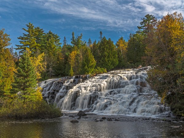 Bond Falls, Michigan, Ontonagon River, Upper Peninsula, водопад, Водопады Бонд, деревья, каскад, лес, Мичиган, осень, река, Река Онтонагон