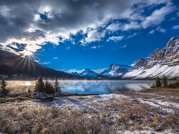 Alberta, Banff National Park, Bow Lake, canada, Canadian Rockies, Альберта, горы, канада, Канадские Скалистые горы, Национальный парк Банф, облака, озеро, Озеро Боу, снег