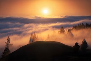 Обои на рабочий стол: california, clouds, fog, forest, hills, landscape, men, mist, nature, photography, silhouette, sky, sun, trees, United States of America, usa