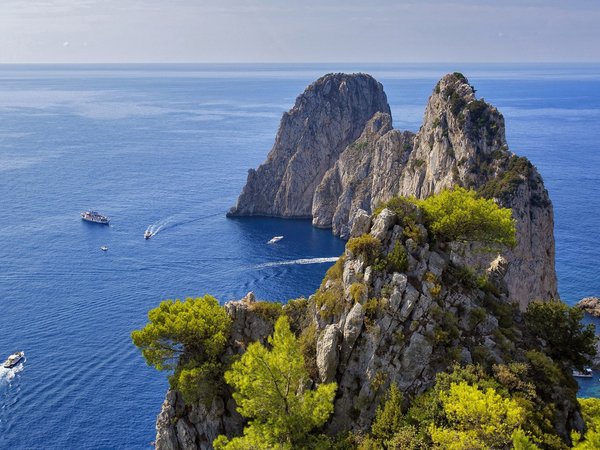 boats, Capri, cliff, far view, Faraglioni, horizon, italy, landscape, limestone, nature, rocks, sea, sky, trees