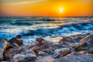 Обои на рабочий стол: Caspersen Beach, florida, Gulf of Mexico, Sarasota County, закат, камни, Мексиканский залив, море, Сарасота, флорида