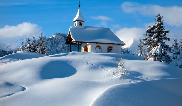 Обои на рабочий стол: австрия, горы, зима, снег, часовня