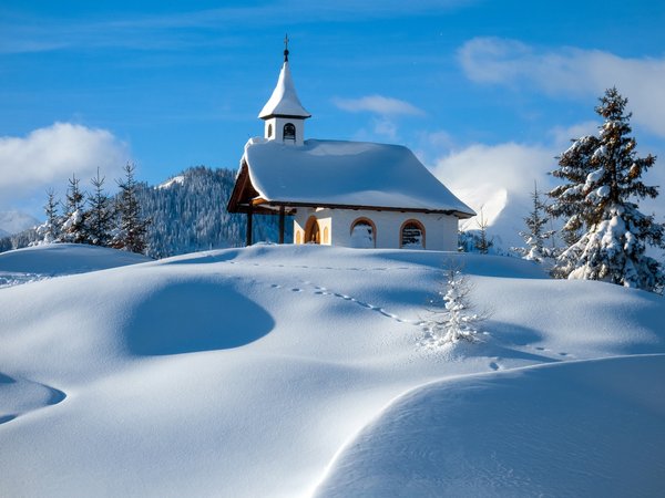 австрия, горы, зима, снег, часовня
