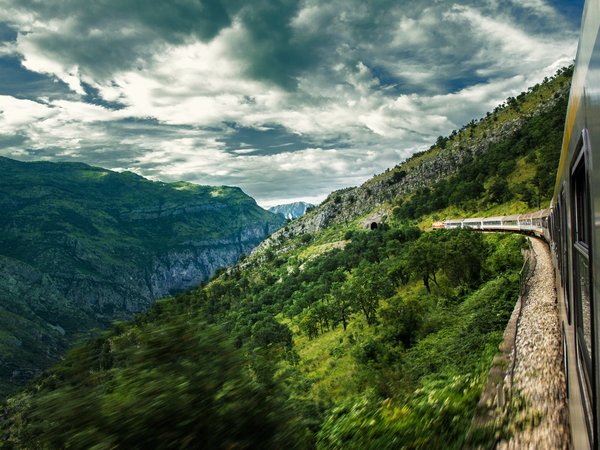 горы, пейзаж, поезд, природа, склон, тучи, Черногория