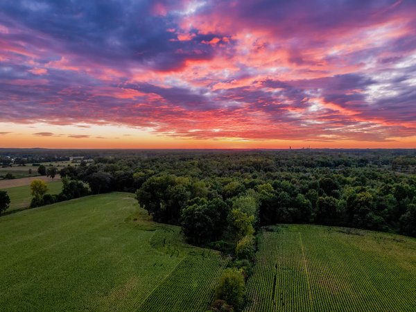 clouds, corn, drone, farm, landscape, sunset, trees