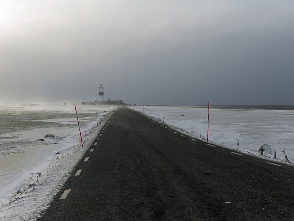 дорога, маяк, море, туман
