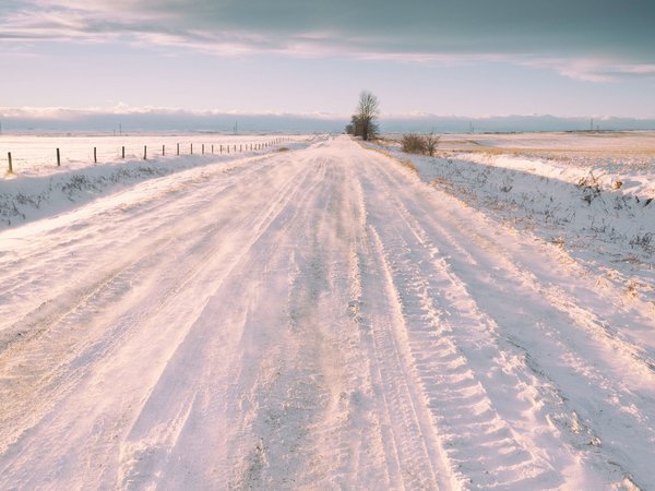 дорога, забор, зима, поле, природа, снег