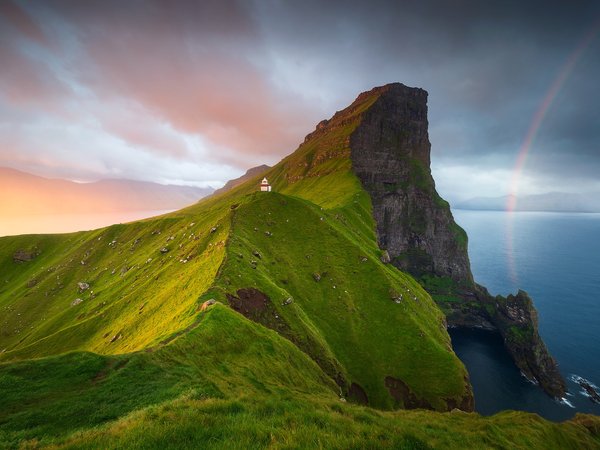 маяк, океан, радуга, свет, Фарерские острова