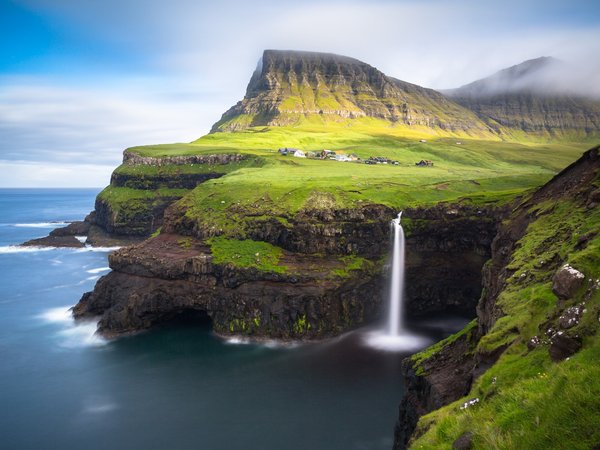 водопад, деревушка, остров, скалы, Фарерские острова