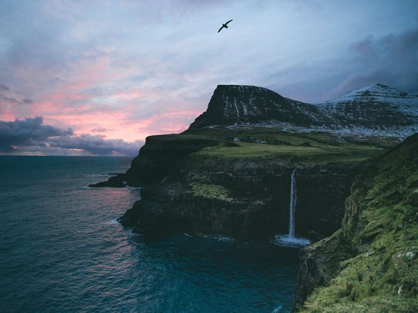 водопад, горы, деревушка, море, океан, птица, скалы, Фарерские острова