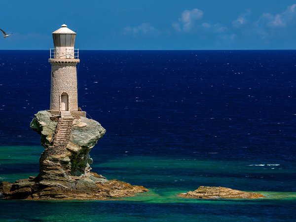 bird, cliff, clouds, Faro Tourlitis, greece, horizon, landscape, Lighthouse, nature, rocks, sea, sky, stairs, water