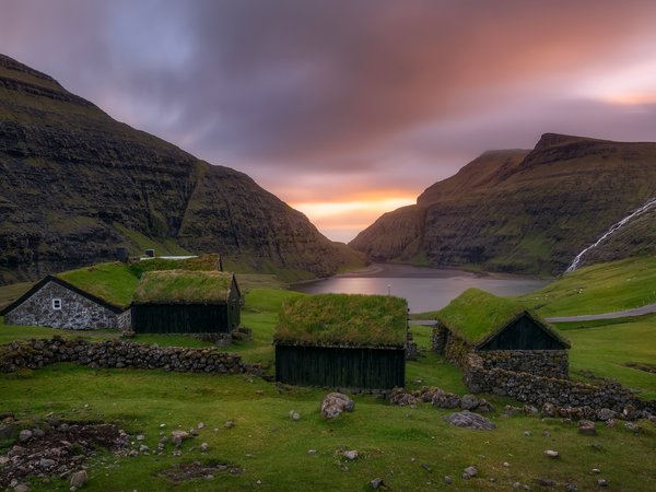 Faroe islands, Saksun, горы, домики