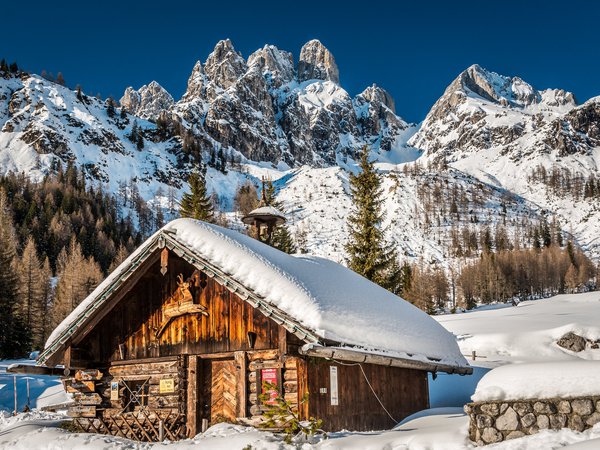 alps, Austria, Dachstein Massif, Filzmoos, австрия, Альпы, горы, Горы Дахштайн, домик, зима, снег, Фильцмос