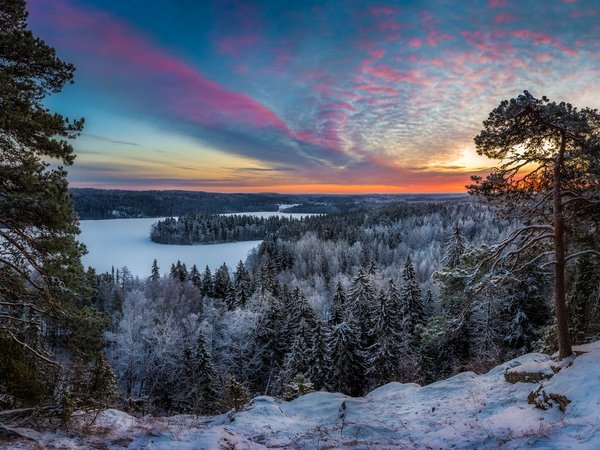 берега, закат, зима, леса, озеро, пейзаж, природа, снег, Финляндия, Хямеэнлинна