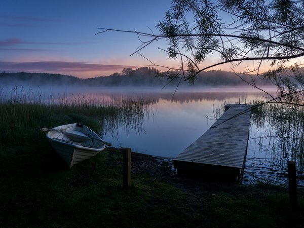 лодка, мосток, озеро, пейзаж, природа, рассвет, туман, утро, Финляндия
